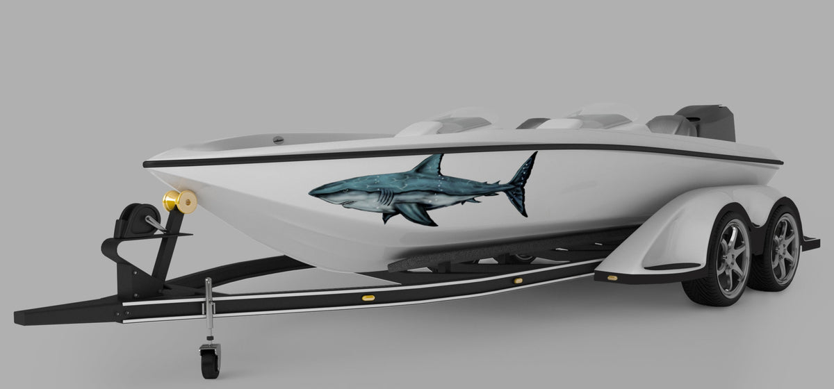 shark vinyl graphics on white boat